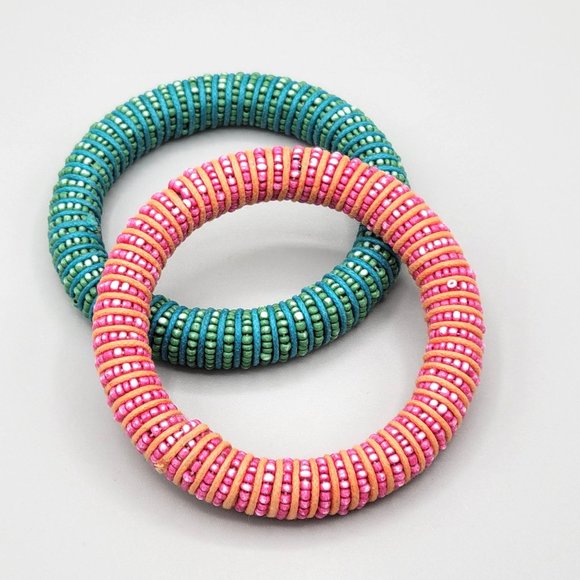 Micro Beaded Bangle Bracelets Set of 2 Slip On Pink Blue Green Handmade - Picture 4 of 7